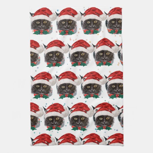 Cute Black Cat with Santa Hat on Christmas Theedoek (Verticaal)
