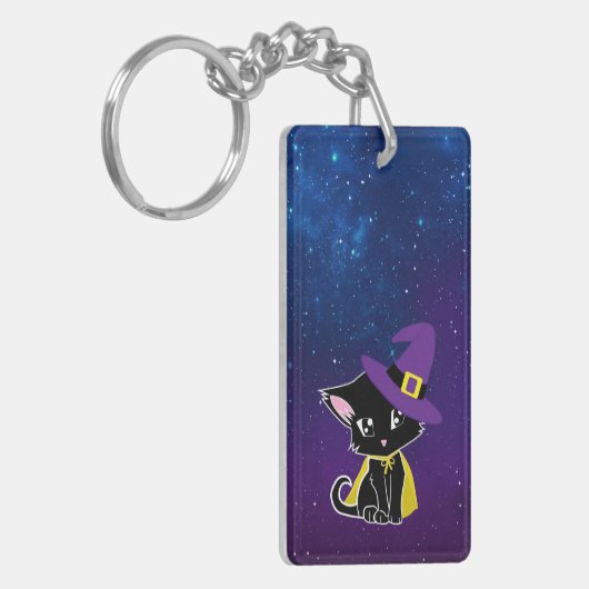 Cute Black Cat Wizard Under the Stars Keychain (Voorkant Links)