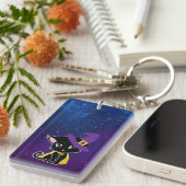 Cute Black Cat Wizard Under the Stars Keychain (Voorkant Rechts)