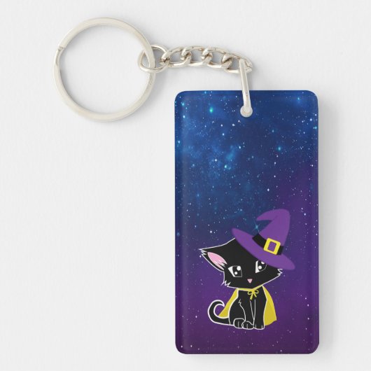 Cute Black Cat Wizard Under the Stars Keychain (Voorkant)