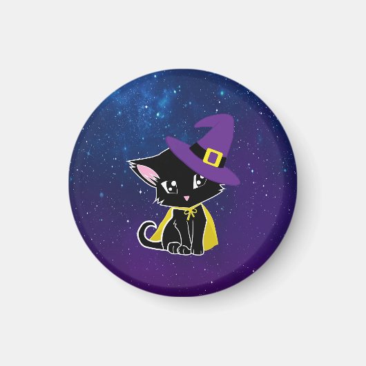 Cute Black Cat Wizard Under the Stars Keychain Magneet (Voorkant)
