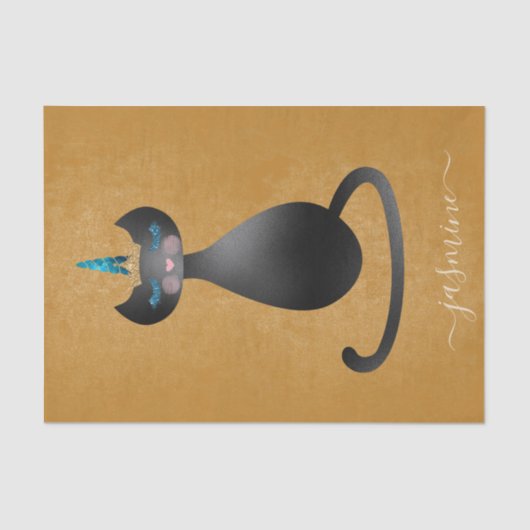 Cute Black Caticorn Gold Monogram Script Name Tissuepapier (Voorkant)