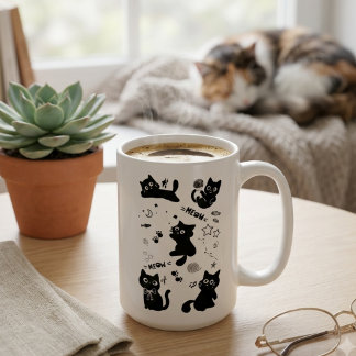 Cute Black Cats Doodles Pattern Kawaii Meow Koffiemok