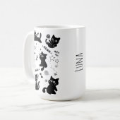 Cute Black Cats Doodles Pattern Kawaii Meow Koffiemok (Voorkant links)