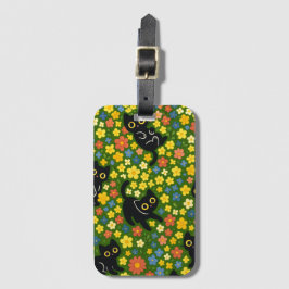 Cute Black Cats Floral Meadow Pattern Bagagelabel