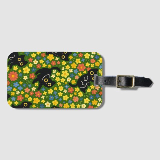 Cute Black Cats Floral Meadow Pattern Bagagelabel (Voorkant (horizontaal))