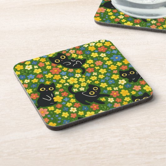 Cute Black Cats Floral Meadow Pattern Bier Onderzetter (Linkerzijde)