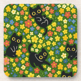Cute Black Cats Floral Meadow Pattern Bier Onderzetter