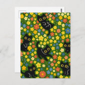 Cute Black Cats Floral Meadow Pattern Briefkaart (Voorkant / Achterkant)