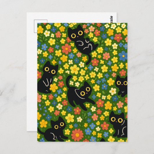 Cute Black Cats Floral Meadow Pattern Briefkaart (Voorkant / Achterkant)