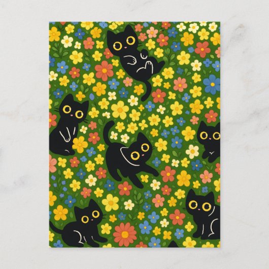 Cute Black Cats Floral Meadow Pattern Briefkaart (Voorkant)
