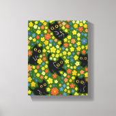 Cute Black Cats Floral Meadow Pattern Canvas Afdruk (Voorkant)