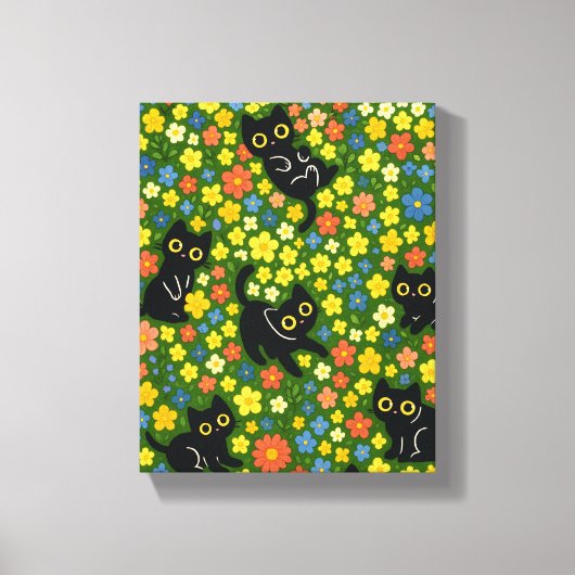 Cute Black Cats Floral Meadow Pattern Canvas Afdruk (Voorkant)