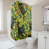 Cute Black Cats Floral Meadow Pattern Douchegordijn (In situ)