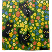 Cute Black Cats Floral Meadow Pattern Douchegordijn (Voorkant)