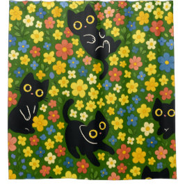 Cute Black Cats Floral Meadow Pattern Douchegordijn