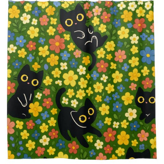 Cute Black Cats Floral Meadow Pattern Douchegordijn (Voorkant)