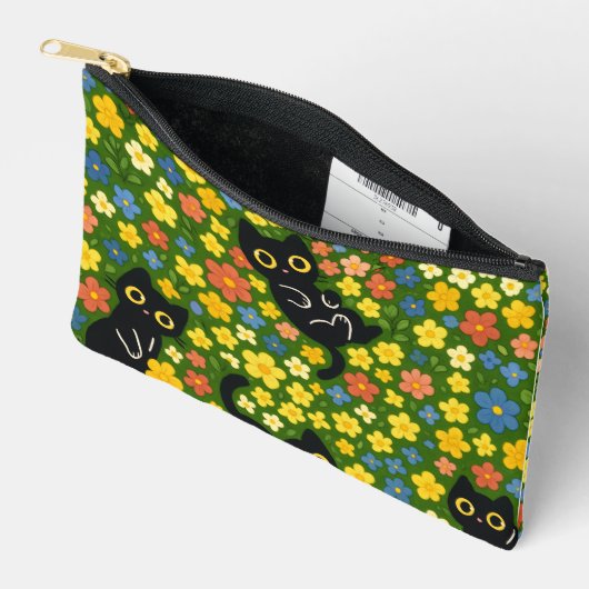 Cute Black Cats Floral Meadow Pattern Etui (Open)