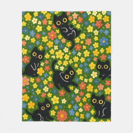 Cute Black Cats Floral Meadow Pattern Fleece Deken