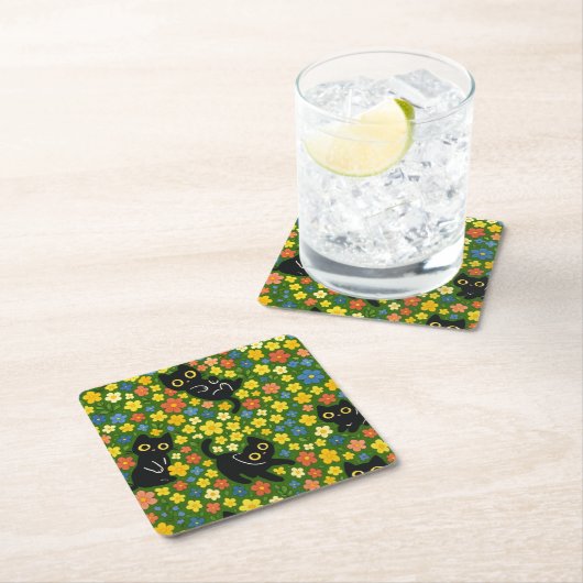Cute Black Cats Floral Meadow Pattern Kartonnen Onderzetters (Insitu)