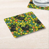 Cute Black Cats Floral Meadow Pattern Kartonnen Onderzetters (Schuin)