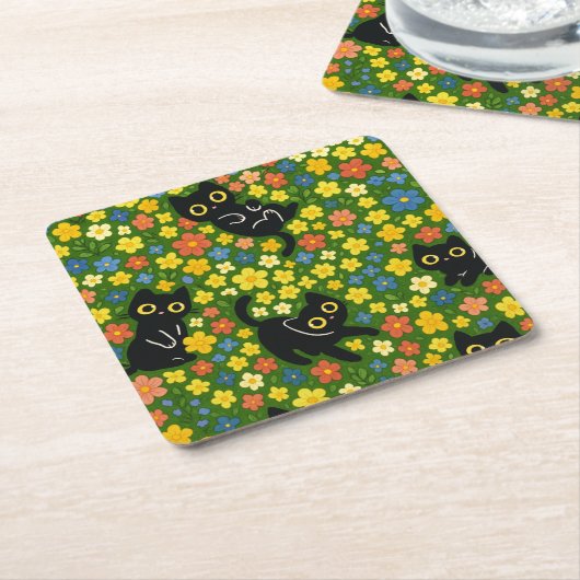 Cute Black Cats Floral Meadow Pattern Kartonnen Onderzetters (Schuin)