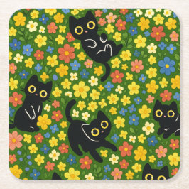 Cute Black Cats Floral Meadow Pattern Kartonnen Onderzetters