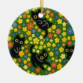 Cute Black Cats Floral Meadow Pattern Keramisch Ornament