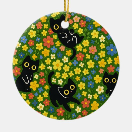 Cute Black Cats Floral Meadow Pattern Keramisch Ornament (Voorkant)