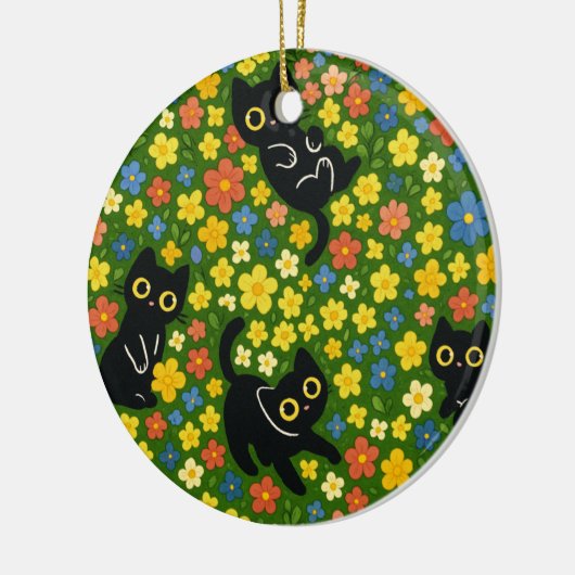 Cute Black Cats Floral Meadow Pattern Keramisch Ornament (Links)