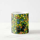 Cute Black Cats Floral Meadow Pattern Koffiemok (Center)