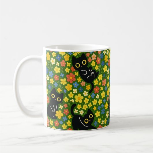 Cute Black Cats Floral Meadow Pattern Koffiemok (Links)