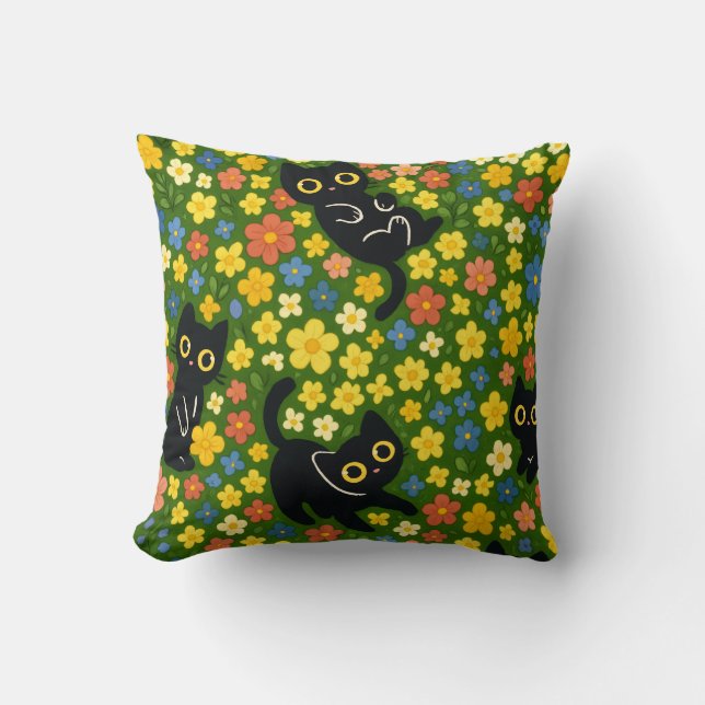 Cute Black Cats Floral Meadow Pattern Kussen (Voorkant)