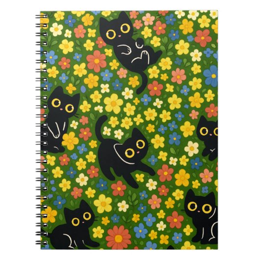 Cute Black Cats Floral Meadow Pattern Notitieboek (Voorkant)