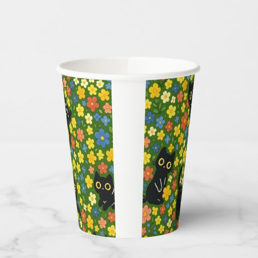 Cute Black Cats Floral Meadow Pattern Papieren Bekers (Links)