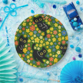 Cute Black Cats Floral Meadow Pattern Papieren Bordje (Feest)