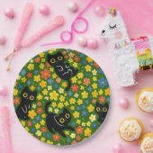 Cute Black Cats Floral Meadow Pattern Papieren Bordje (Feest)