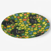 Cute Black Cats Floral Meadow Pattern Papieren Bordje (Gekanteld)