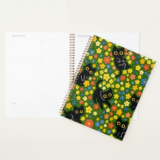 Cute Black Cats Floral Meadow Pattern Planner (Display)