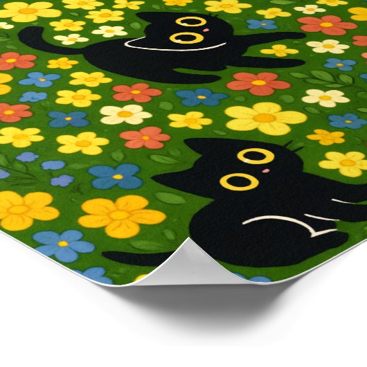Cute Black Cats Floral Meadow Pattern Poster (Hoek)