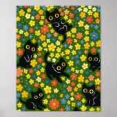 Cute Black Cats Floral Meadow Pattern Poster (Voorkant)