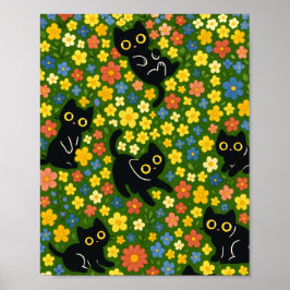 Cute Black Cats Floral Meadow Pattern Poster