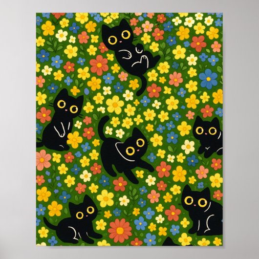 Cute Black Cats Floral Meadow Pattern Poster (Voorkant)