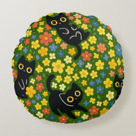 Cute Black Cats Floral Meadow Pattern Rond Kussen