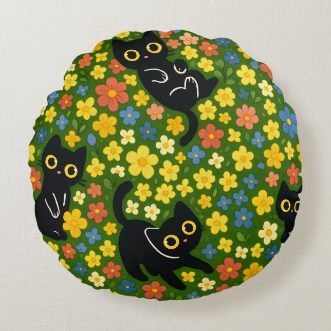 Cute Black Cats Floral Meadow Pattern Rond Kussen (Voorkant)