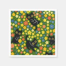 Cute Black Cats Floral Meadow Pattern Servet