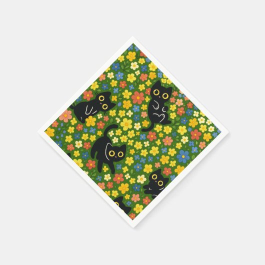 Cute Black Cats Floral Meadow Pattern Servet (Hoek)