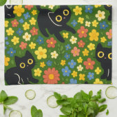 Cute Black Cats Floral Meadow Pattern Theedoek (Gevouwen)