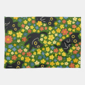 Cute Black Cats Floral Meadow Pattern Theedoek (Horizontaal)
