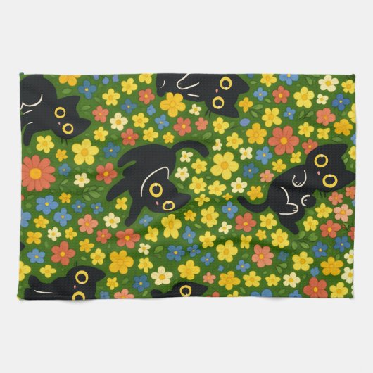 Cute Black Cats Floral Meadow Pattern Theedoek (Horizontaal)
